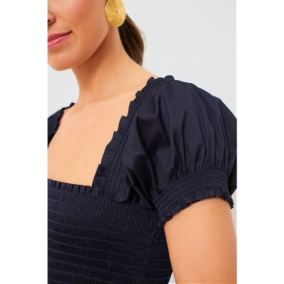 TUCKERNUCK Tory Burch Navy Maxi Dress XL Puff Sleeve Tiered Quiet Luxury NWOT - Picture 8 of 15